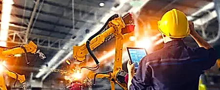 Sanayi robotlarıyla çalışan teknisyen resmi.
